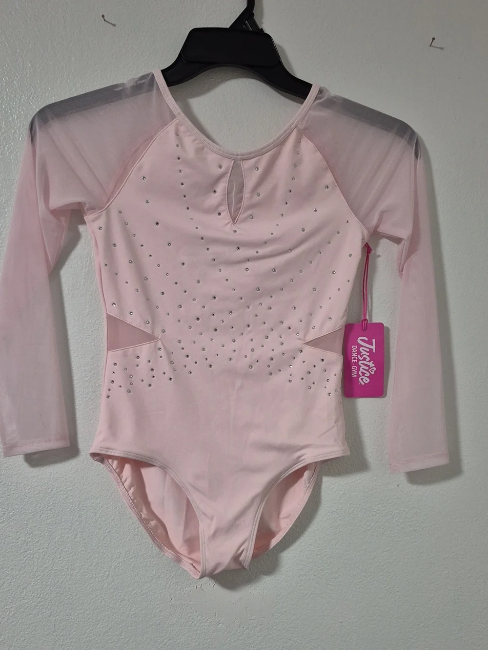 Justice Long Sleeve Pink Rhinestone Mesh Sleeve Dance Leotard